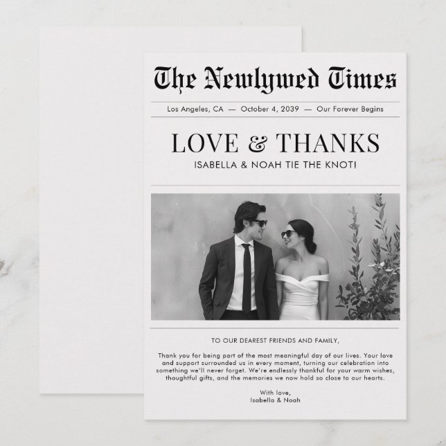 Tarjeta De Agradecimiento Newspaper Style Newlywed Wedding Thank You (Anverso / Reverso)