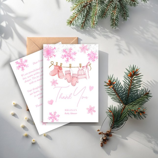 Tarjeta De Agradecimiento Nieve enamorada copos de nieve ducha de bebé de in (Snow in love pink snowflakes girls clothes line winter baby shower thank you cards)