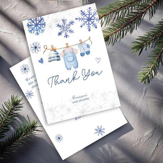 Tarjeta De Agradecimiento Nieve enamorada copos de nieve ducha de bebé de in (Snow in love cute blue snowflakes baby clothes line winter baby shower thank you cards)