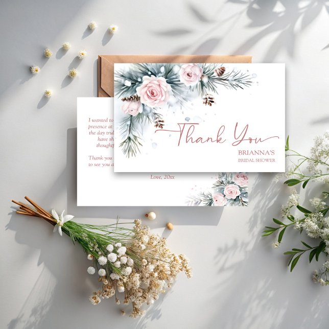 Tarjeta De Agradecimiento Nieve enamorada, ducha nupcial de invierno, pinos  (Snow in love winter bridal shower snowy pines blush pink roses thank you cards)