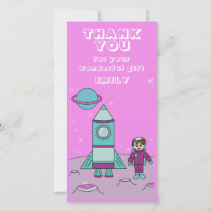 Tarjeta De Agradecimiento Niña Astronauta Cohete Espacial Rosa Cumpleaños