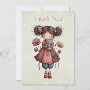 Tarjeta De Agradecimiento Niña con una muñeca de rana linda y caprichosa