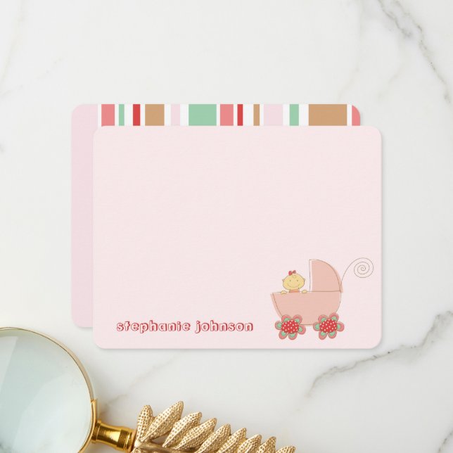 Tarjeta De Agradecimiento Niña Cuidada En Pram Rosa Whimsical Baby Shower (Anverso/Reverso In Situ)