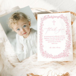 Tarjeta De Agradecimiento Niña de Bautizo con Toile Floral Antiguo