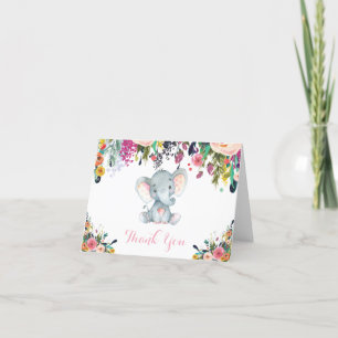 Tarjeta De Agradecimiento Niña elefante flotante rosa y gris