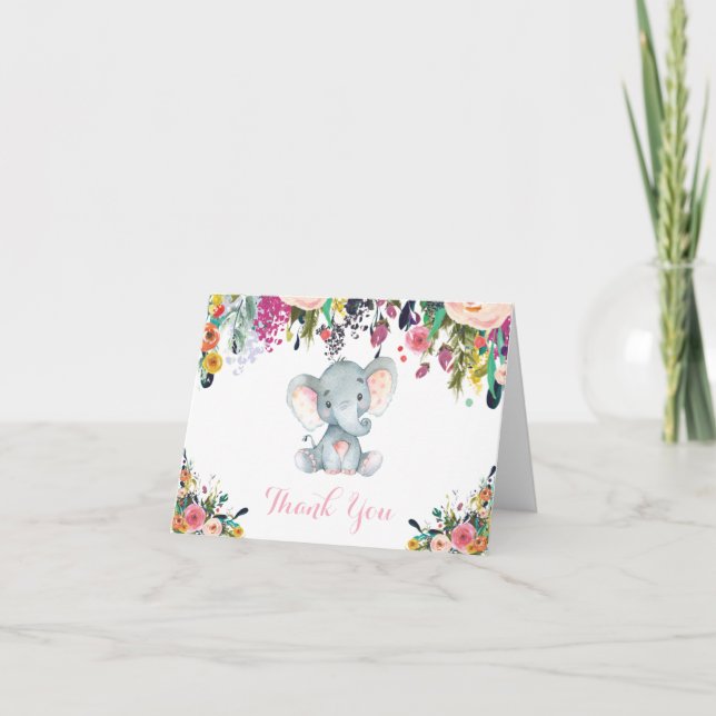 Tarjeta De Agradecimiento Niña elefante flotante rosa y gris (Anverso)