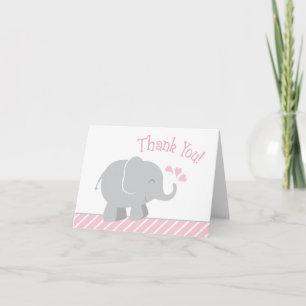 Tarjeta De Agradecimiento Niña elefante moderna ducha rosa y gris
