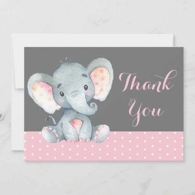 Tarjeta De Agradecimiento Niña elefante rosada y gris (Anverso)