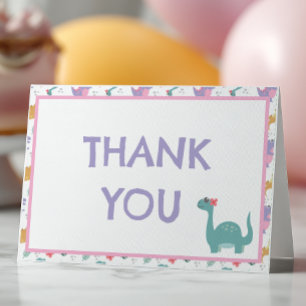Tarjeta De Agradecimiento Niña linda de dinosaurio pastel 
