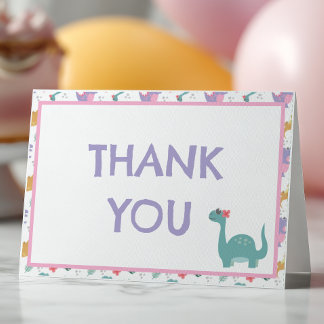 Tarjeta De Agradecimiento Niña linda de dinosaurio pastel 