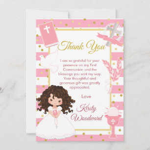 Tarjeta De Agradecimiento Niña Morena con Raya Rosa Primera Comunión