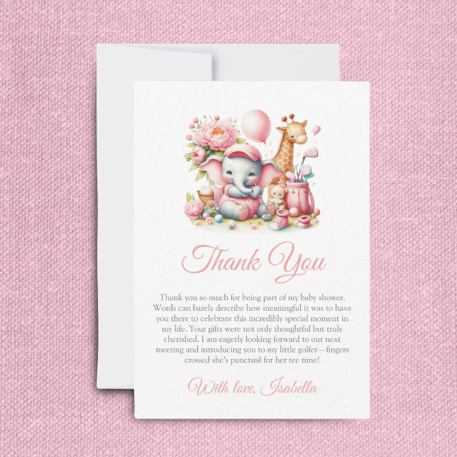 Tarjeta De Agradecimiento Niña Rosa Elefante y Giraffe Golf Baby Shower (This sweet thank you card can be personalized to your message!)