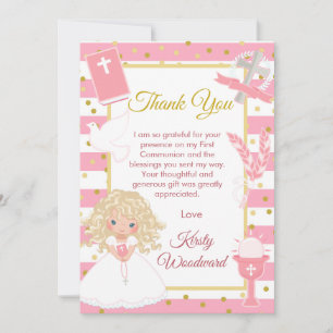 Tarjeta De Agradecimiento Niña Rubia con Raya Rosa Primera Comunión