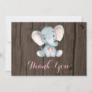 Tarjeta De Agradecimiento Niña Rustic Cuta Elefante Rosa y Gris