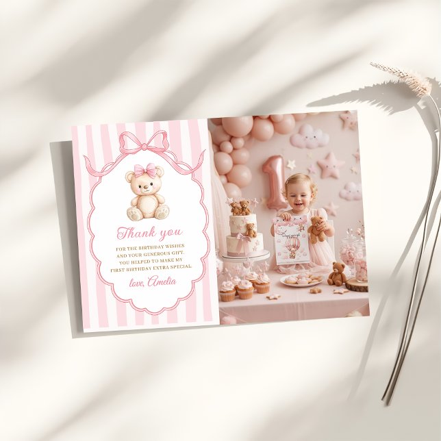 Tarjeta De Agradecimiento Niñas de Osito Rosa Lazo Rayas Cumpleaños 1 (Subido por el creador)