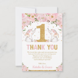 Tarjeta De Agradecimiento Niñas gemelas primer cumpleaños Elefante Floral Ro