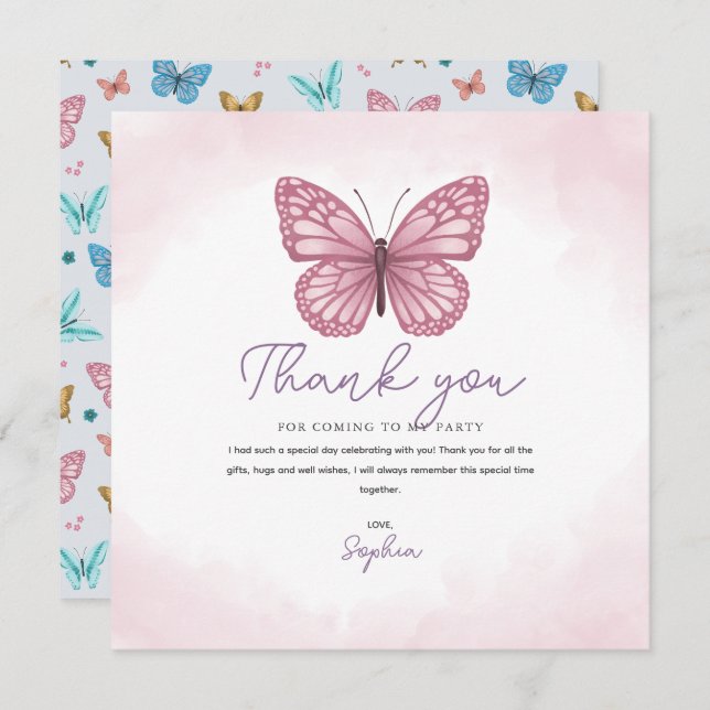 Tarjeta De Agradecimiento Niñas Mariposa Acuarela Rosa Lindo Niños (Anverso / Reverso)