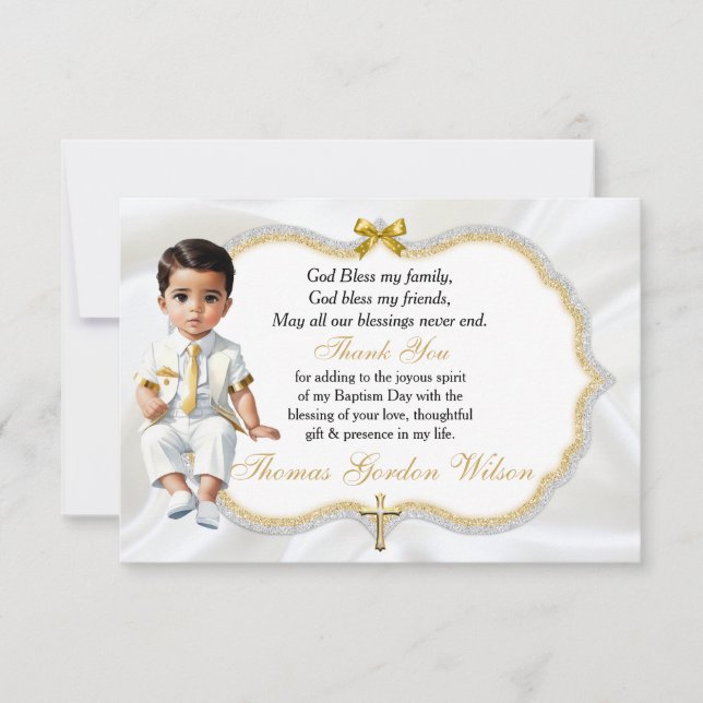 Tarjeta De Agradecimiento Niño Bebé Bautismo Comunión Gracias Cruz De Oro (Anverso)
