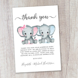 Tarjeta De Agradecimiento Niño Chica gemelo elefante lindo Baby Shower