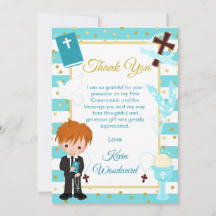 Tarjeta De Agradecimiento Niño de pelo rojo con raya azul Primera Comunión