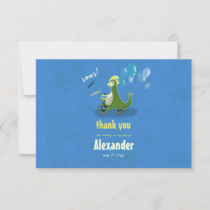 Tarjeta De Agradecimiento Niño Dinosaurio Verde en Triciclo Niño Fiesta Grac