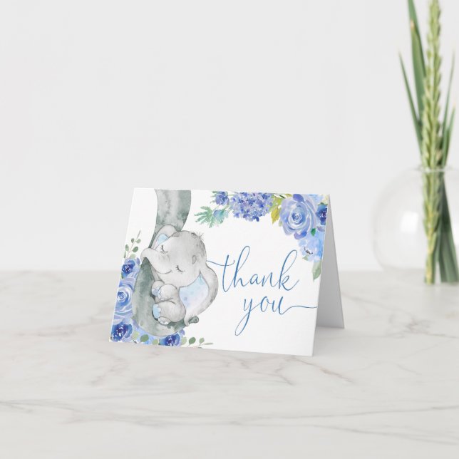 Tarjeta De Agradecimiento Niño elefante azul floral acuarela cacahuete (Anverso)