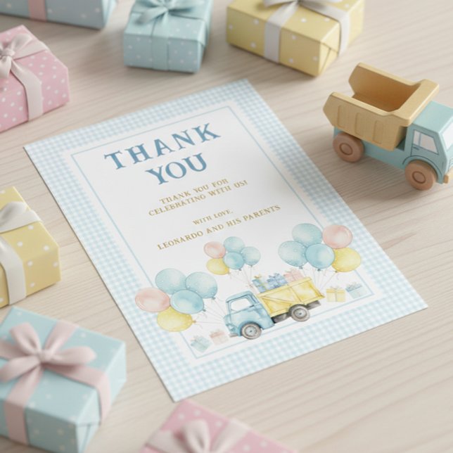 Tarjeta De Agradecimiento Niño en su primer cumpleaños con camión de volteo (Subido por el creador)