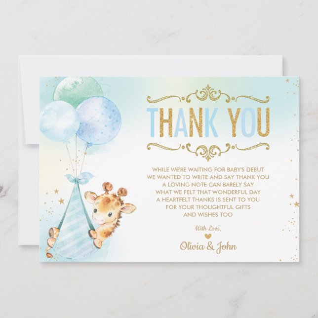 Tarjeta De Agradecimiento Niño Girafa Globos Espolvorea Baby Shower (Anverso)