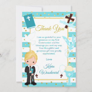 Tarjeta De Agradecimiento Niño Rubio de Primera Comunión con Raya Azul