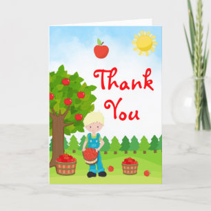 Tarjeta De Agradecimiento Niño Rubio Recogiendo Manzanas Cumpleaños Gracias