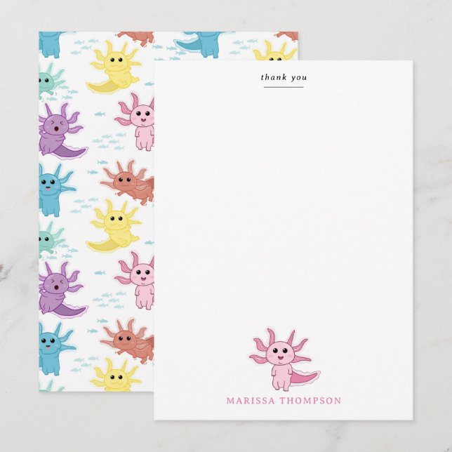 Tarjeta De Agradecimiento Niños Axolotl Niñas Salamandra Adorables (Anverso / Reverso)