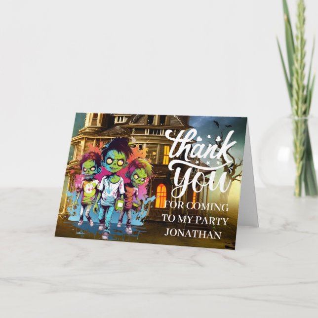 Tarjeta De Agradecimiento Niños con temática zombi de Halloween GRACIAS (Anverso)