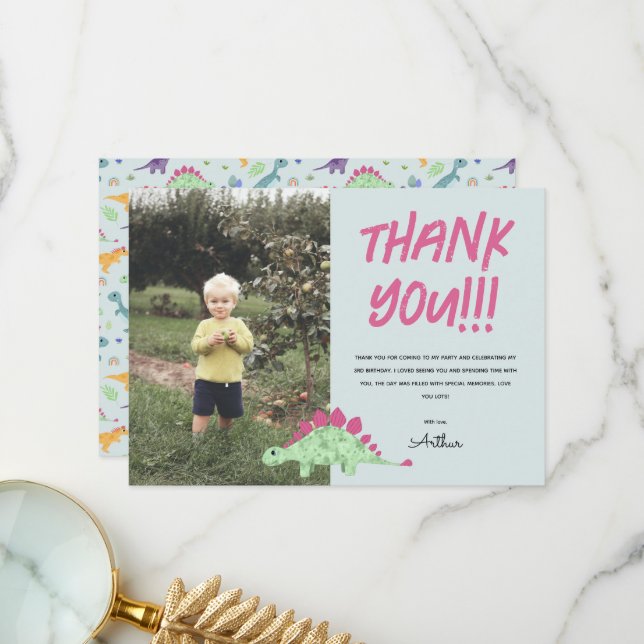 Tarjeta De Agradecimiento Niños Cute Blue Dinosaur Jungle Niños Cumpleaños (Anverso/Reverso In Situ)