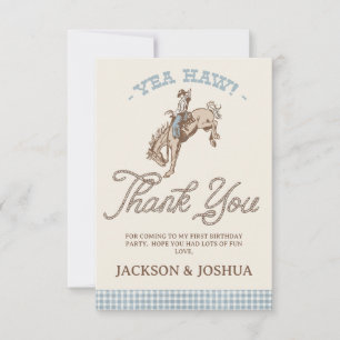 Tarjeta De Agradecimiento Niños Gemelos Azul Gris Primer Rodeo Cumpleaños 1