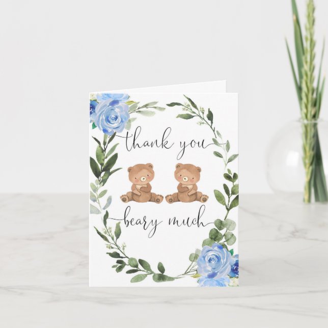 Tarjeta De Agradecimiento Niños gemelos de peluche floral azul con vegetació (Anverso)