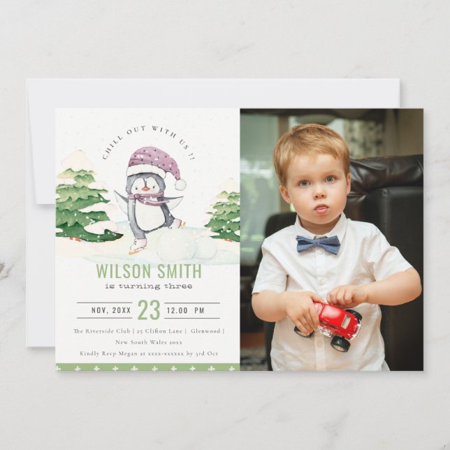 Tarjeta De Agradecimiento Niños Pingüinos De Invierno Fotografía De Cualquie (Anverso)