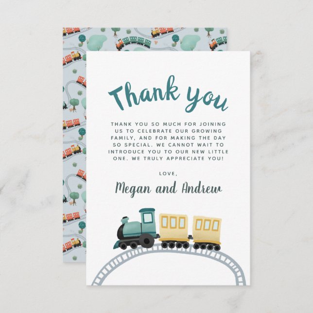 Tarjeta De Agradecimiento Niños Tren Azul Cute Gracias Baby Shower (Anverso / Reverso)