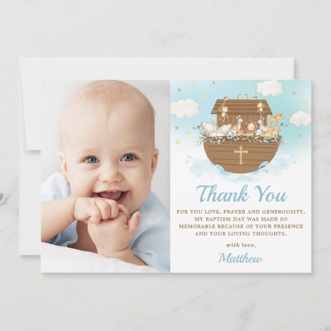 Tarjeta De Agradecimiento Noah's Ark Animals Boy Baptism Christening Photo (Anverso)