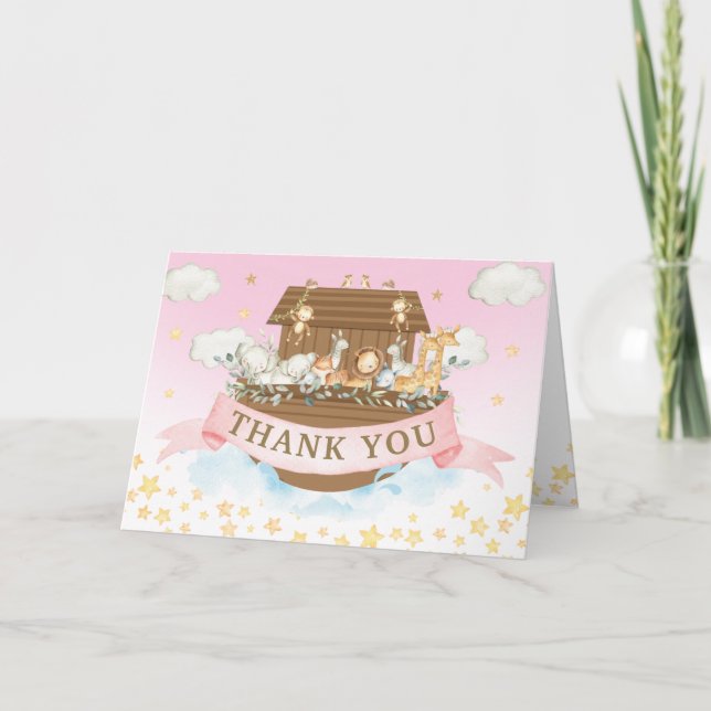 Tarjeta De Agradecimiento Noah's Ark Cute Animals Chica Cumpleaños Baby Show (Anverso)