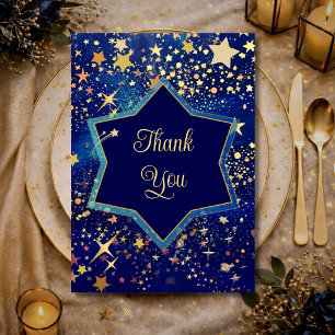 Tarjeta De Agradecimiento Noche celestial mágica de boda dorada azul estrell