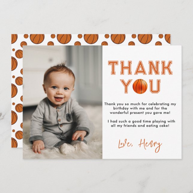 Tarjeta De Agradecimiento Noche de baloncesto de cumpleaños 1 (Anverso / Reverso)