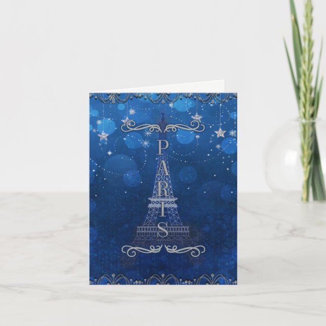 Tarjeta De Agradecimiento Noche en París bajo las estrellas Azul gracias (Anverso)