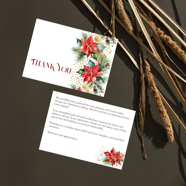 Tarjeta De Agradecimiento Nochebuena de invierno boda poinsettia oro gracias (Winter Christmas wedding watercolor pines poinsettia gold sprinkles thank you card)
