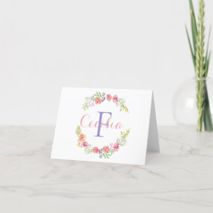 Tarjeta De Agradecimiento Nombre de monograma rosa púrpura amarillo verde fl