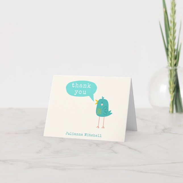 Tarjeta De Agradecimiento Nombre de pájaro azul turquesa suave personalizado (Anverso)