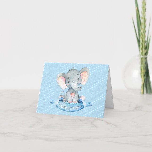 Tarjeta De Agradecimiento Nombre personalizado Elephant Baby Boy azul y gris (Anverso)