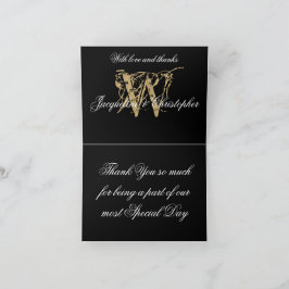 Tarjeta De Agradecimiento Nombres de Monograma Elegante Boda de Oro Negro Pl