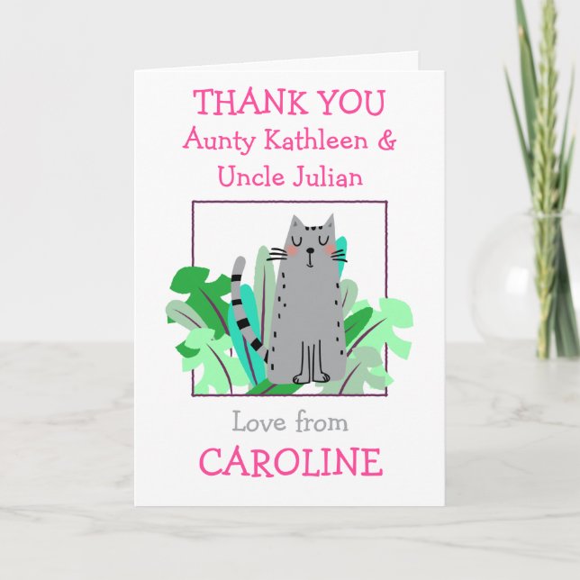 Tarjeta De Agradecimiento Nombres de tía y tío Gato lindo Hoja Niños Blancos (Anverso)