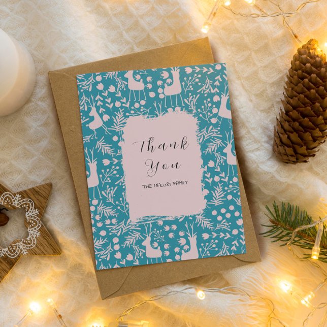 Tarjeta De Agradecimiento Nordic Reindeer Floral | Blush on Teal Christmas  (Subido por el creador)