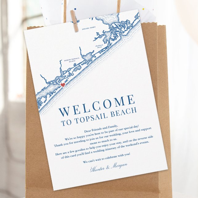 Tarjeta De Agradecimiento North Topsail Beach Wedding Welcome Letter Navy (North Topsail Beach NC Map Wedding Welcome Letter Schedule of Events in Elegant Navy Blue
)